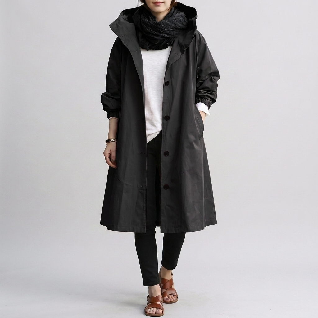 Trench à capuche femme oversize et déperlant avec manchettes élastiques et fermeture éclair 4