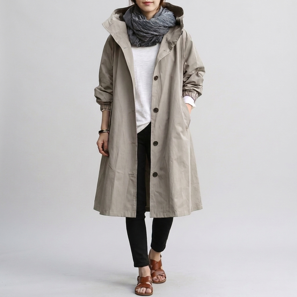 Trench à capuche femme oversize et déperlant avec manchettes élastiques et fermeture éclair 2
