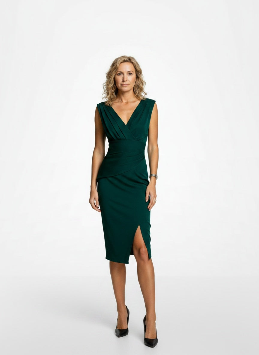 Full body view of the model wearing Robe de soirée midi plissée femme