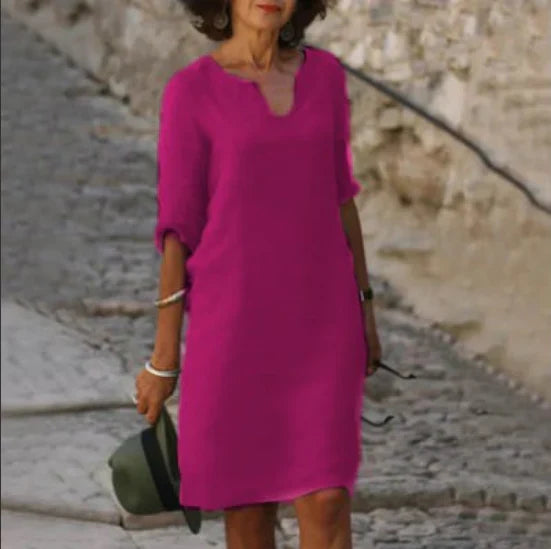 Robe midi à col en V et manches trois-quarts femme