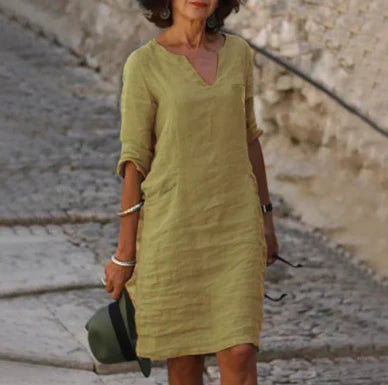 Robe midi à col en V et manches trois-quarts femme