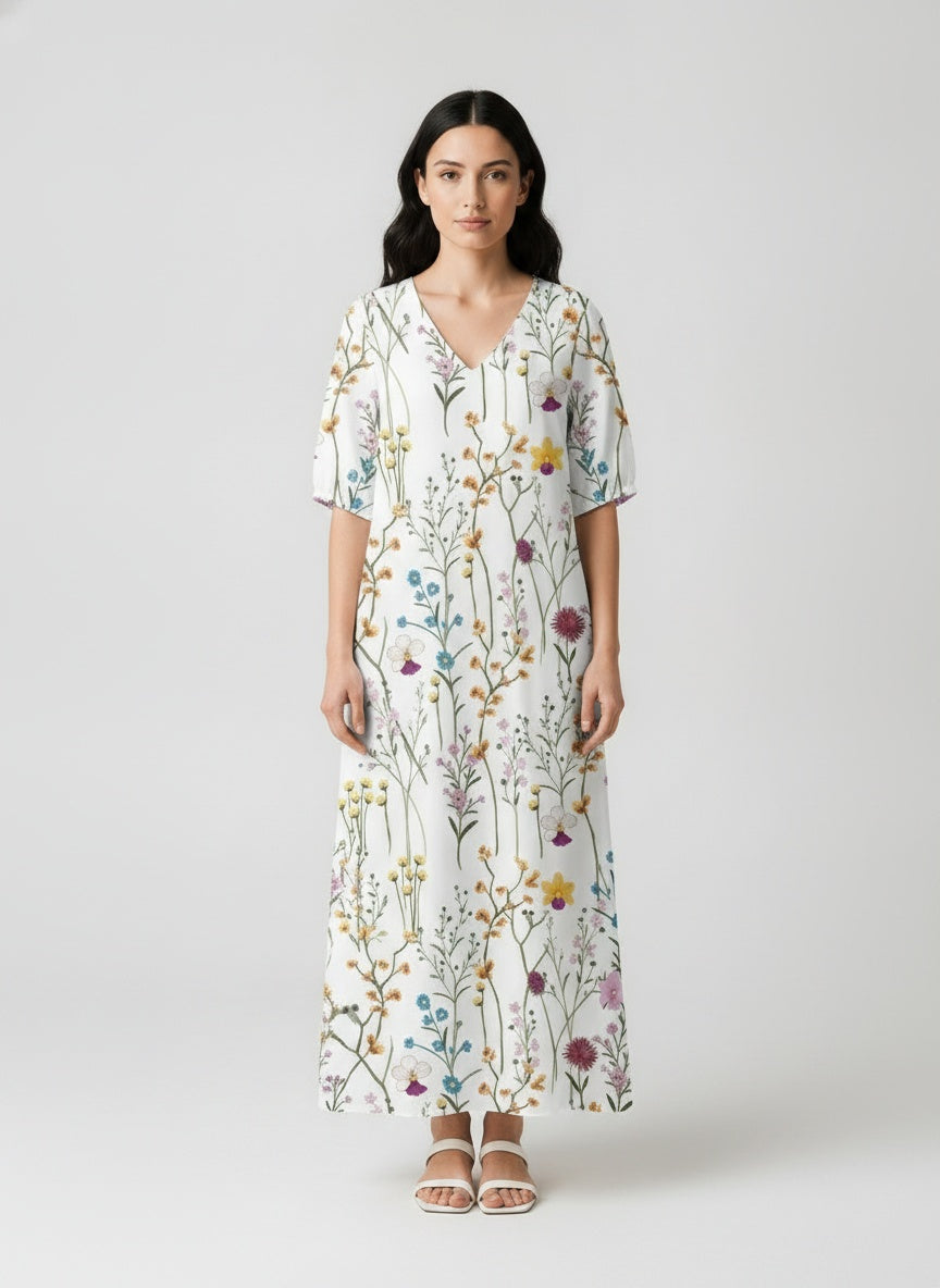 Full body view of the model wearing Robe midi à imprimé floral et col en V femme