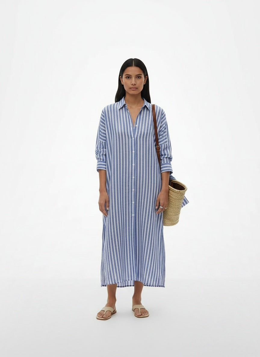 Full body view of the model wearing Robe chemise midi rayée à manches longues femme