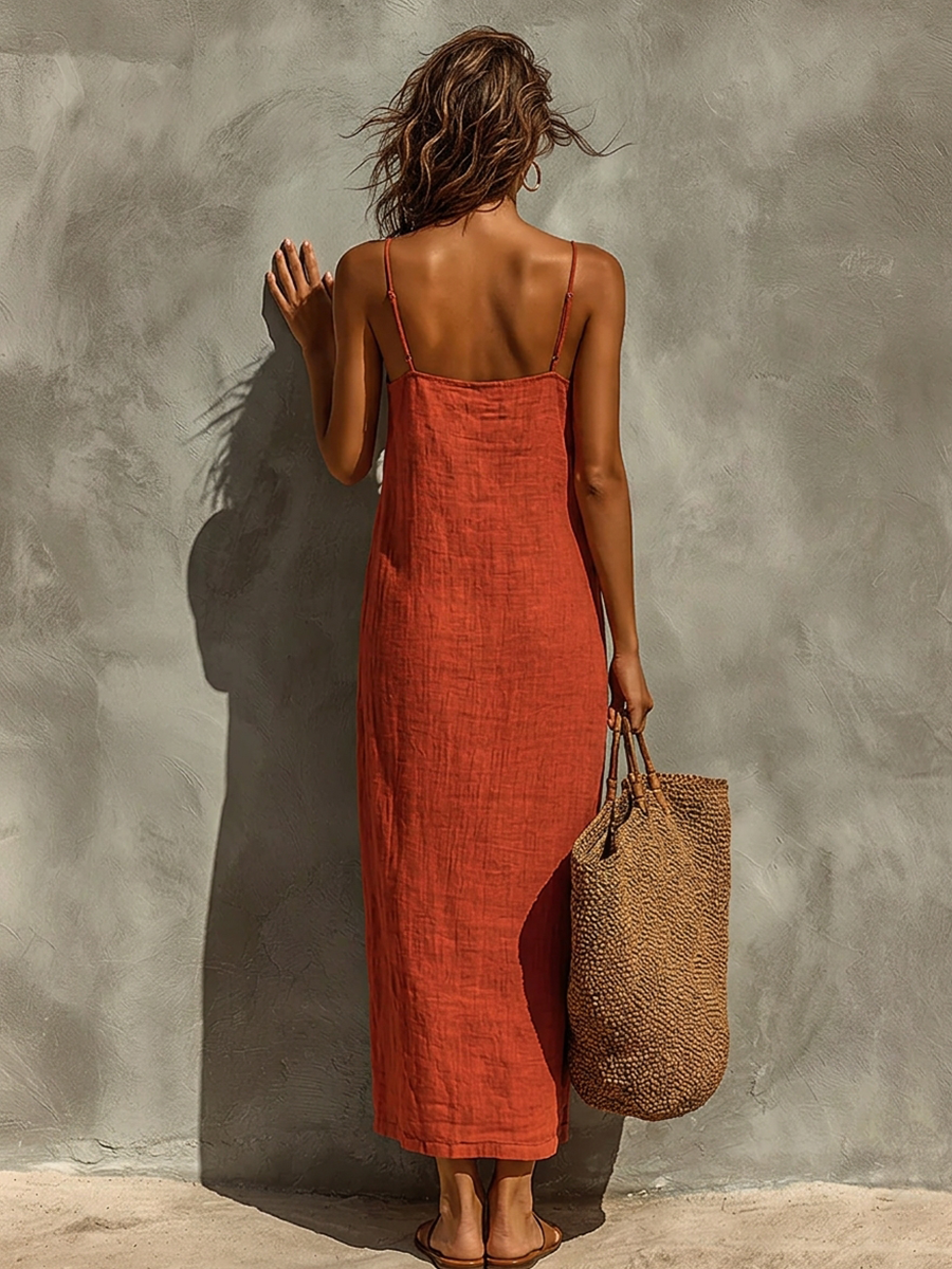 Robe maxi en coton style bohème à fines bretelles et col carré femme