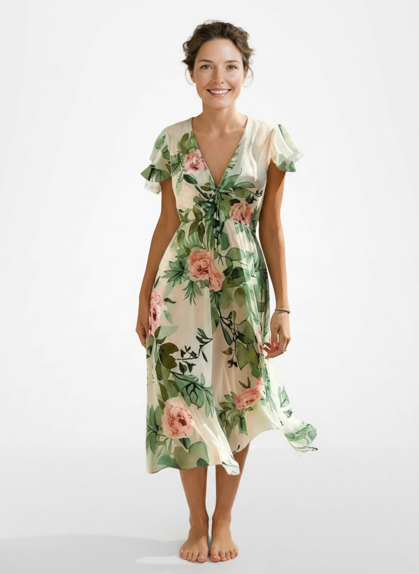 Full body view of the model wearing Robe midi verte à imprimé floral femme