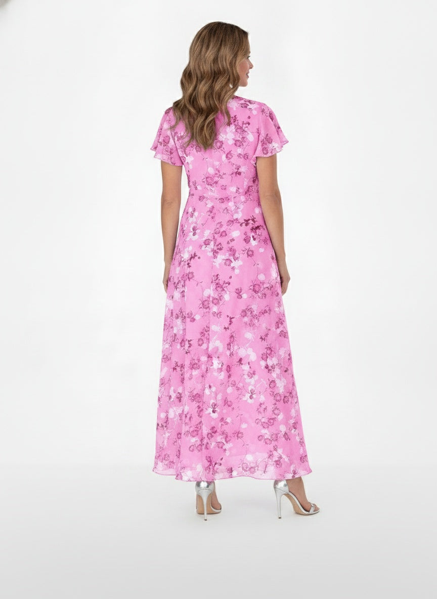 Back pose of the model wearing Robe d'été maxi formelle à imprimé floral femme