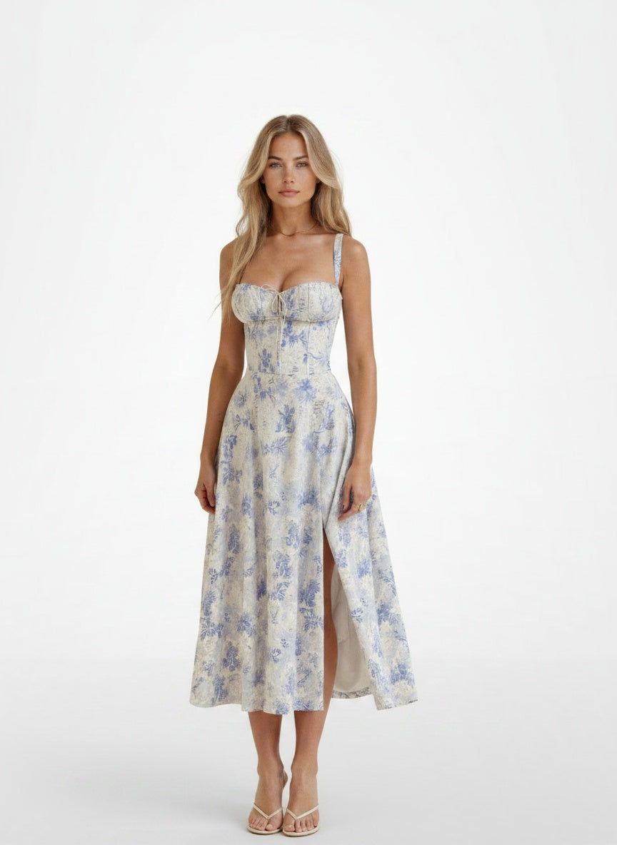 Full body view of the model wearing Robe midi avec corset femme