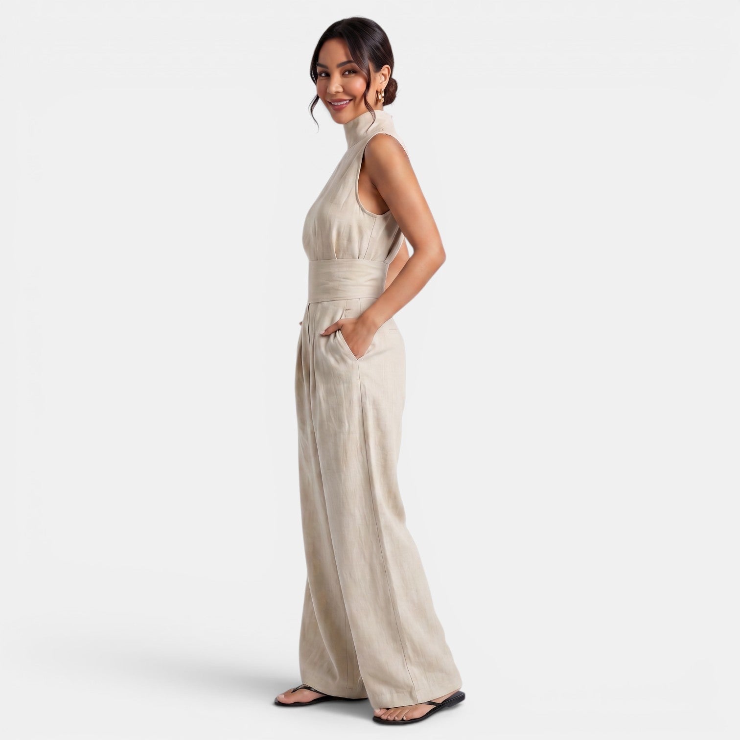 Ensemble femme sans manches en lin et coton, deux pièces chic