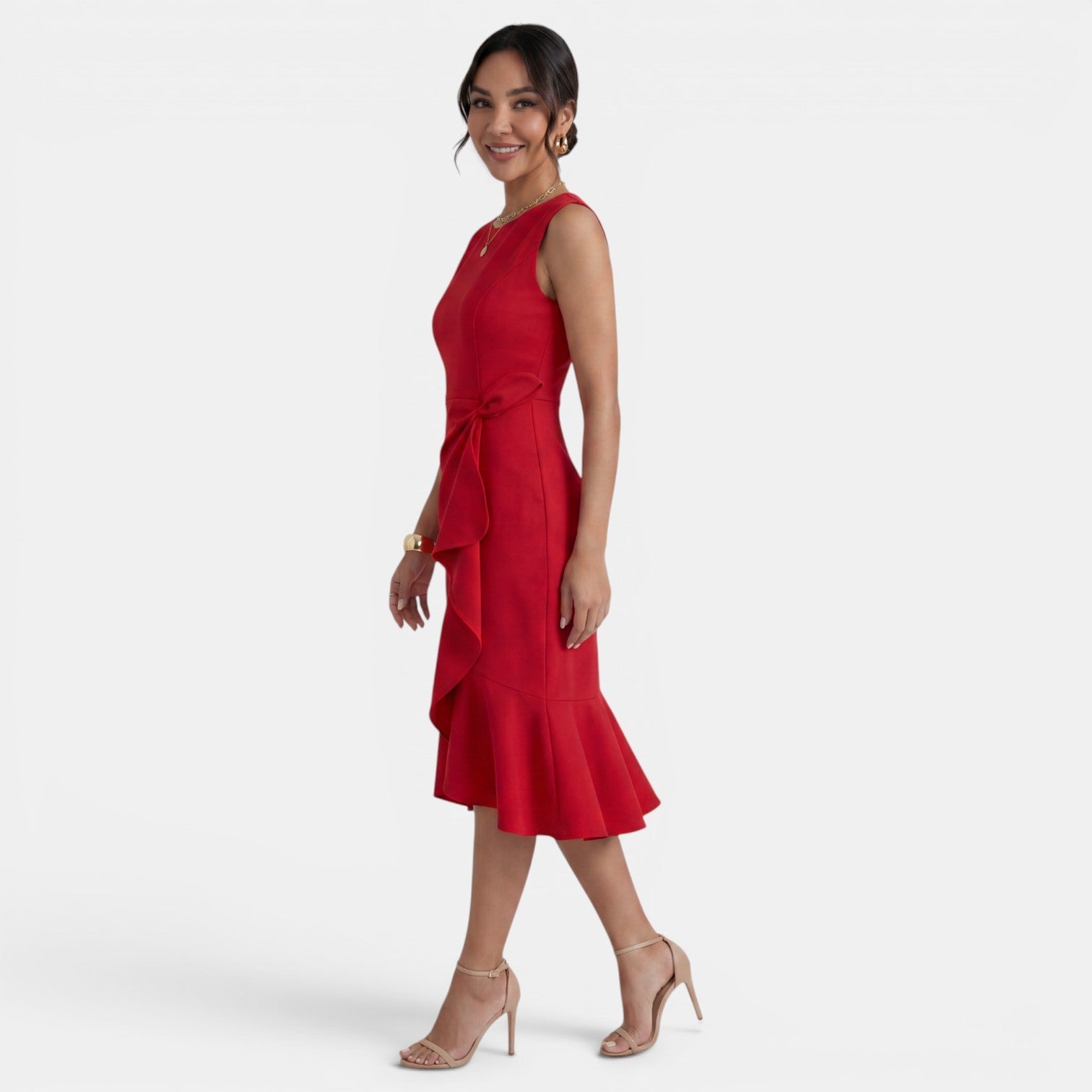 Robe midi ajustée sans manches à col rond avec fente latérale