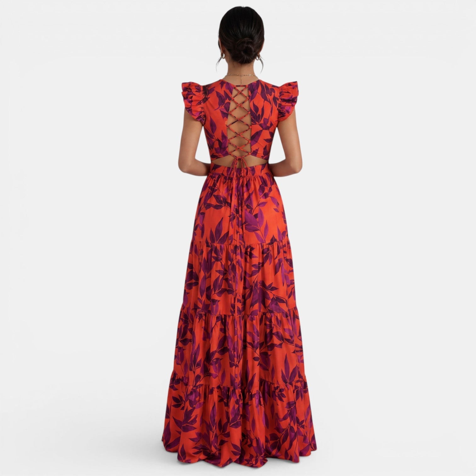 Robe longue imprimée à volants coupe évasée élégante