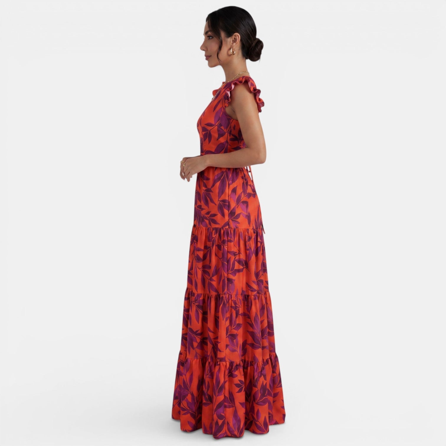 Robe longue imprimée à volants coupe évasée élégante