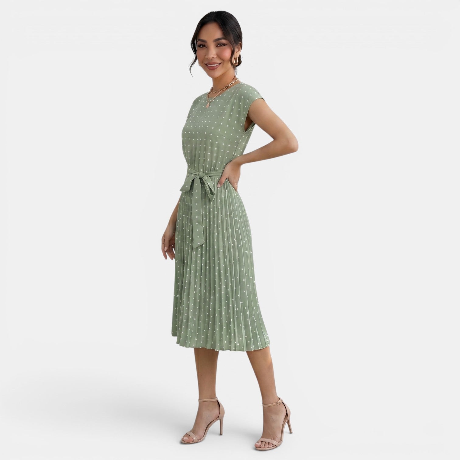 Robe midi à pois plissée à manches courtes