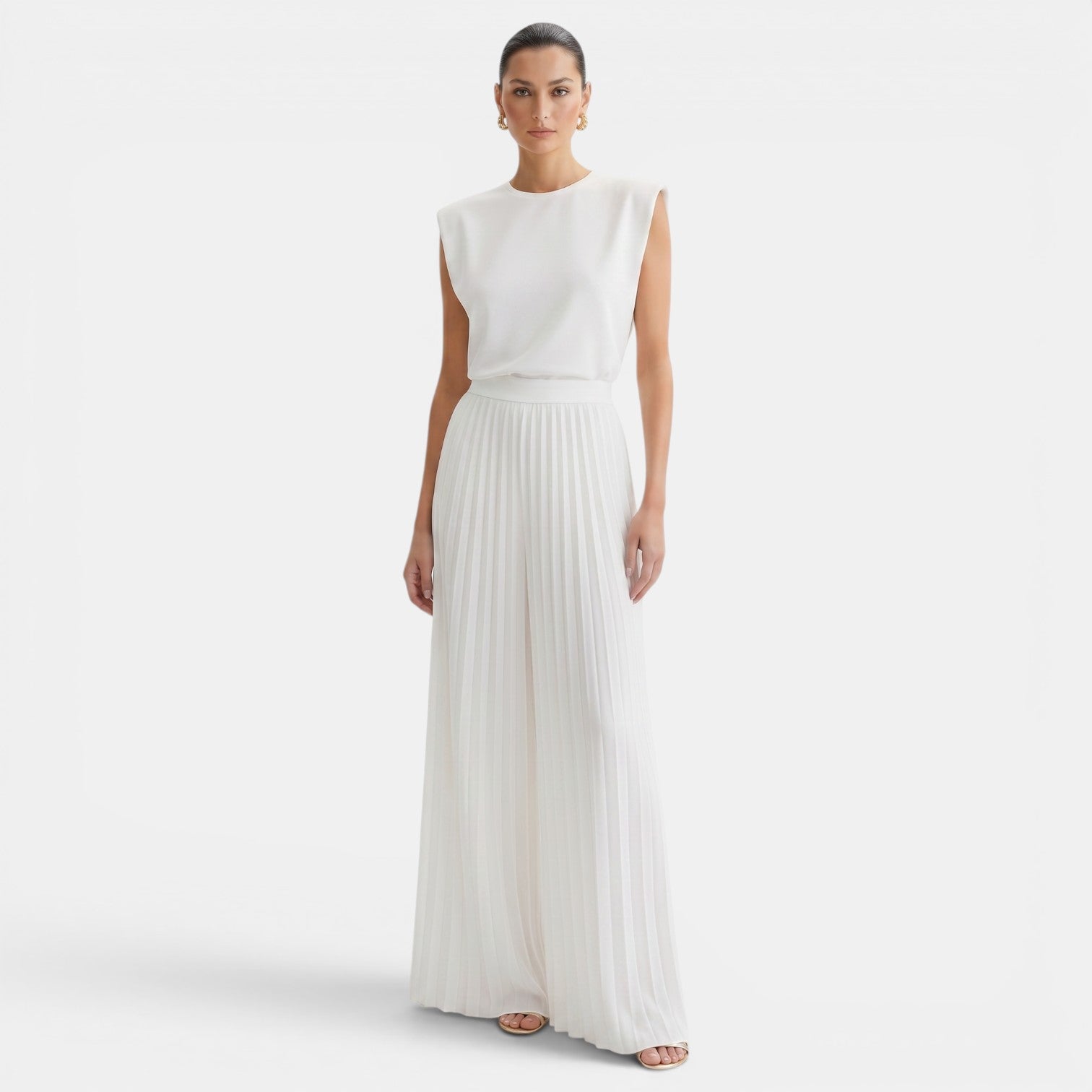 Ensemble femme sans manches à col rond et pantalon large plissé