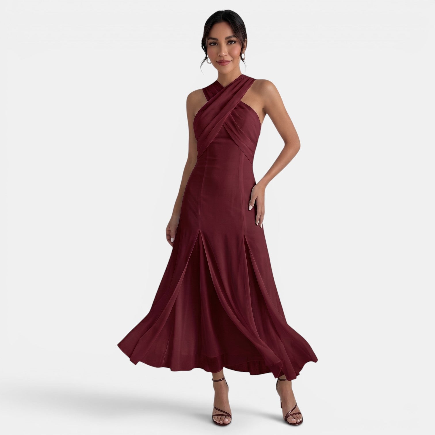 Robe longue invitée mariage en mousseline fluide à nœud