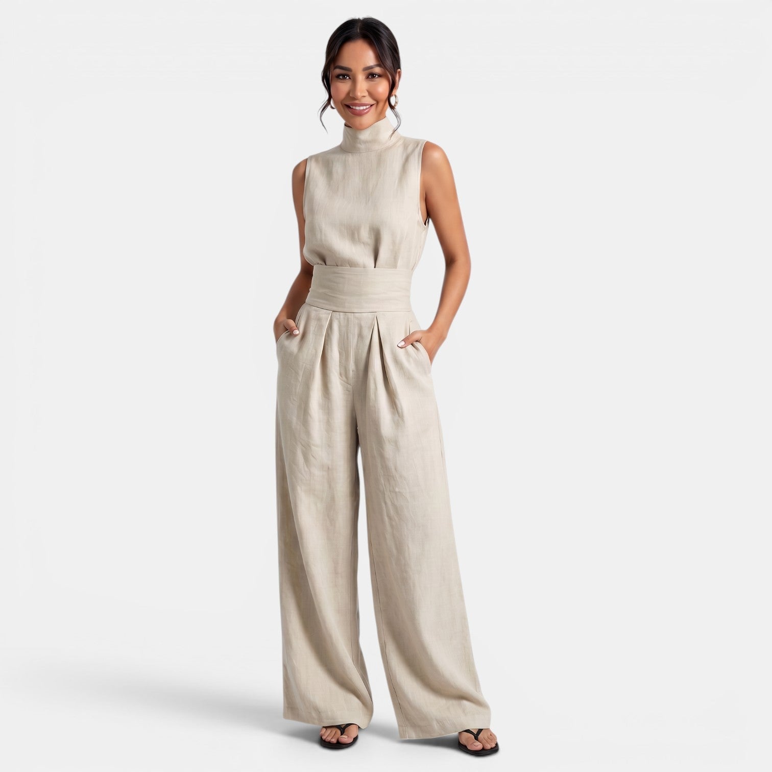 Ensemble femme sans manches en lin et coton, deux pièces chic