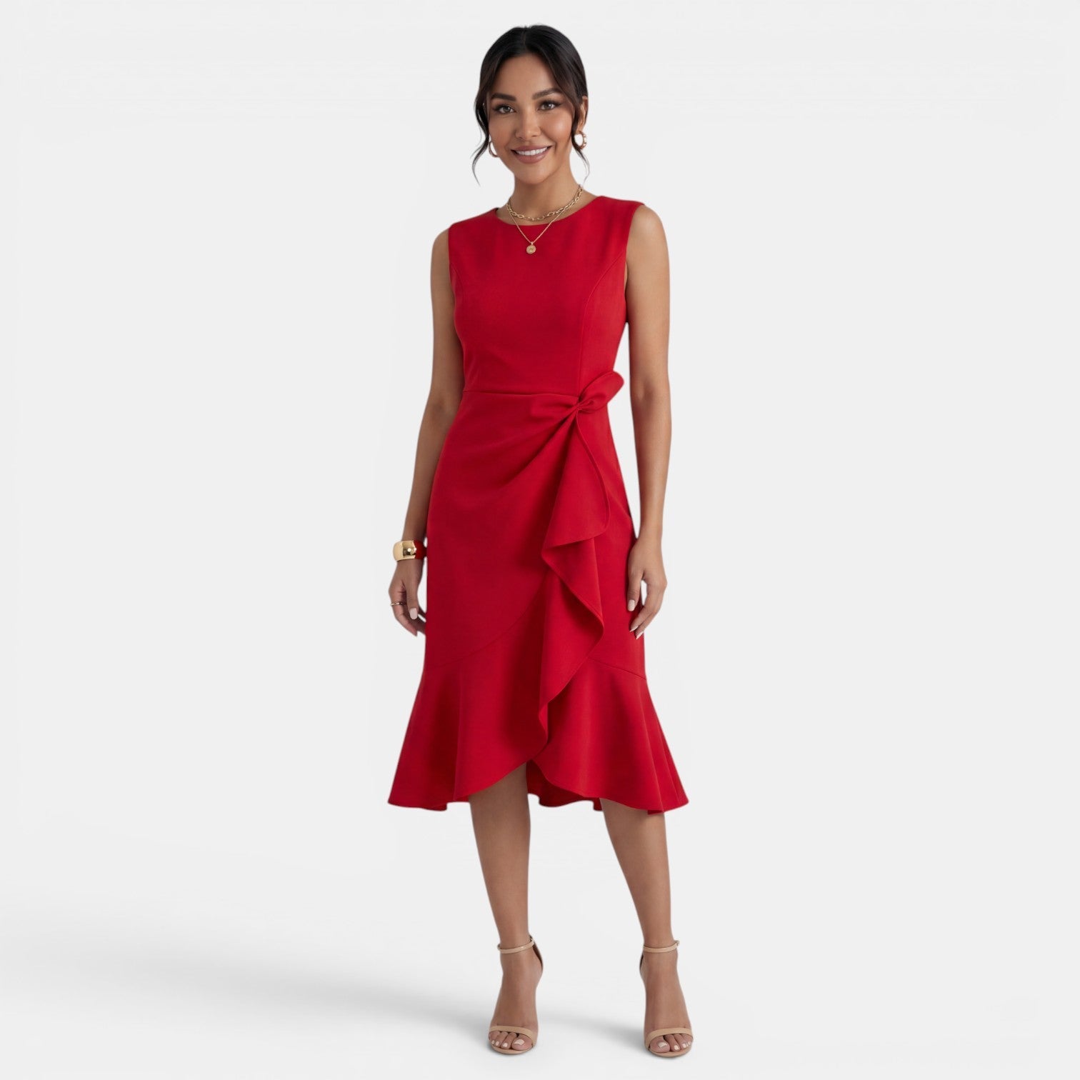Robe midi ajustée sans manches à col rond avec fente latérale