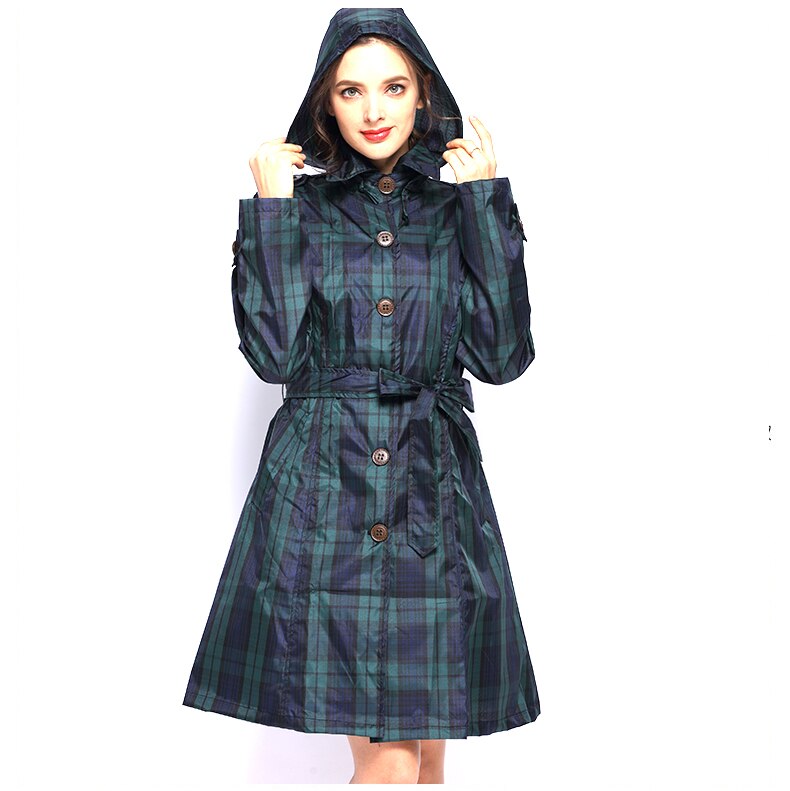 Manteau de pluie femme à carreaux avec capuche, ceinture et longueur genou 3
