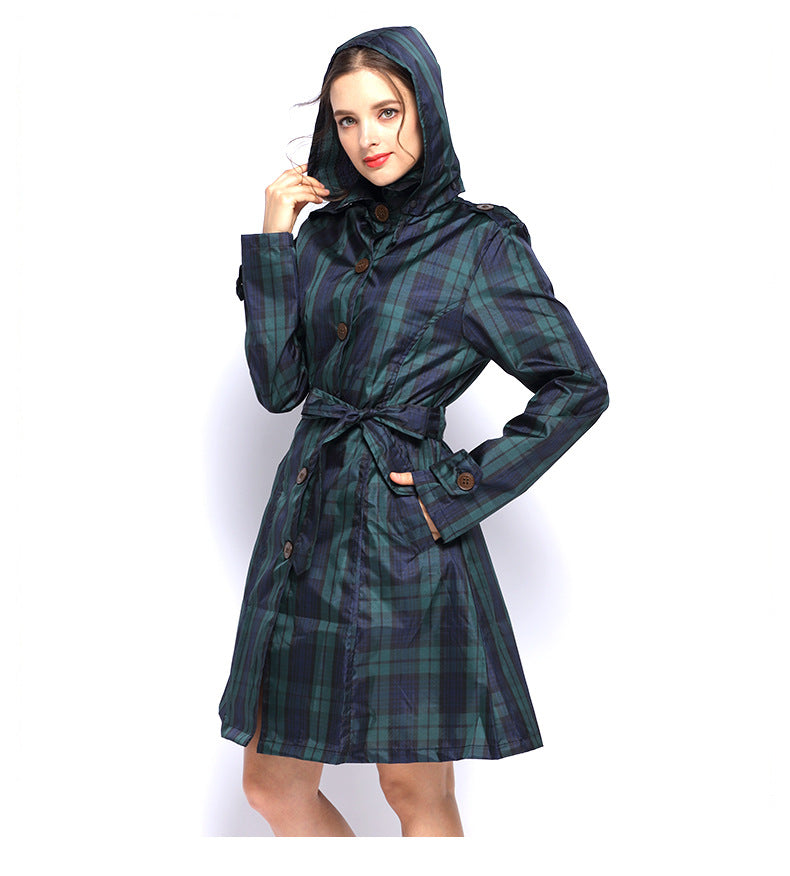 Manteau de pluie femme à carreaux avec capuche, ceinture et longueur genou 4