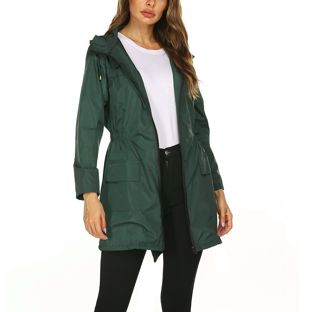 Manteau de pluie femme long et déperlant à capuche et taille élastique 3