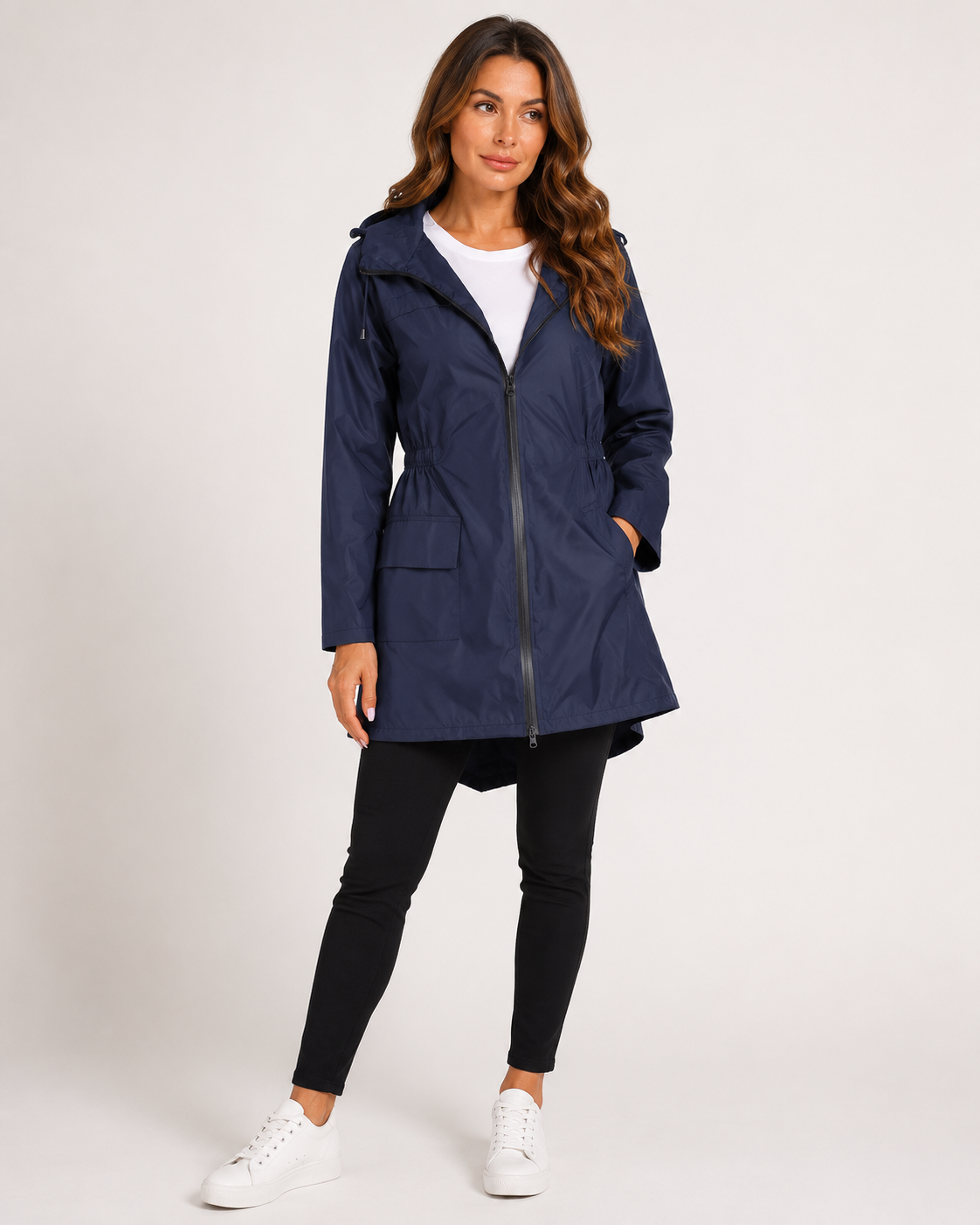 Manteau de pluie femme long et déperlant à capuche et taille élastique 5
