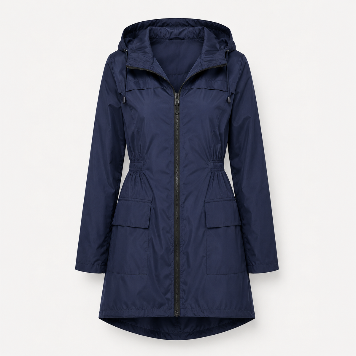 Manteau de pluie femme long et déperlant à capuche et taille élastique 6