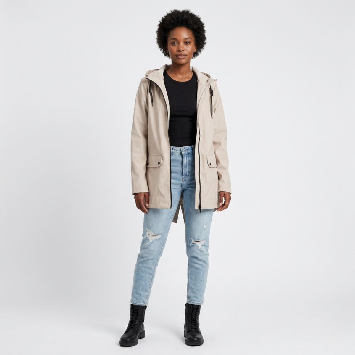 Manteau de pluie imperméable femme long à capuche, zip et poches à rabat 1
