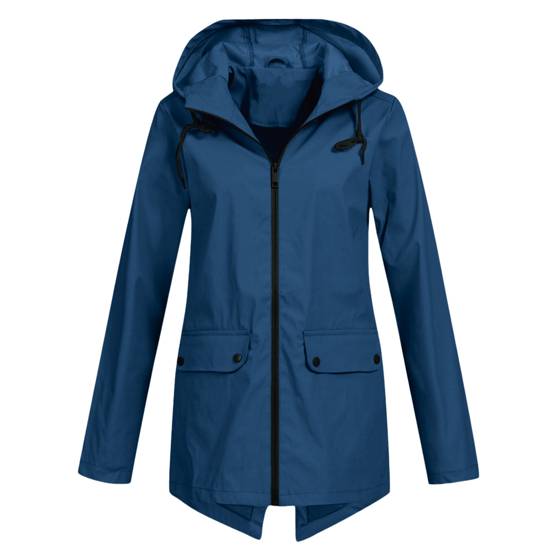 Manteau de pluie imperméable femme long à capuche, zip et poches à rabat 2