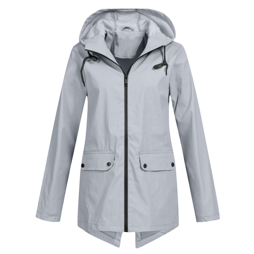 Manteau de pluie imperméable femme long à capuche, zip et poches à rabat 3
