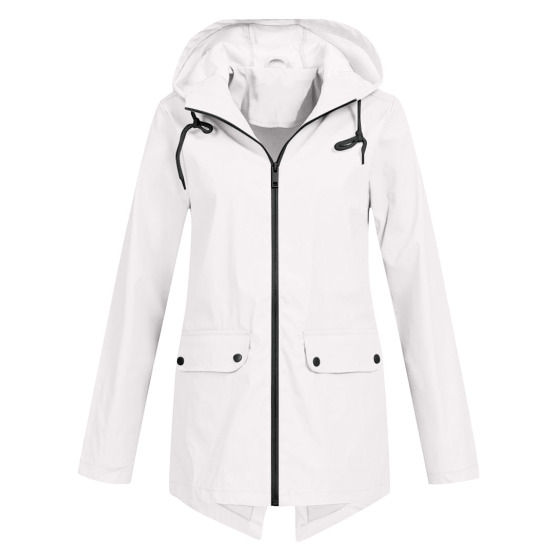 Manteau de pluie imperméable femme long à capuche, zip et poches à rabat 4