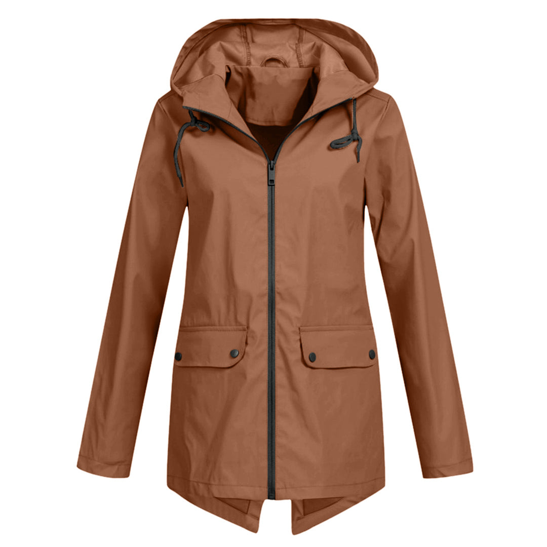 Manteau de pluie imperméable femme long à capuche, zip et poches à rabat 5