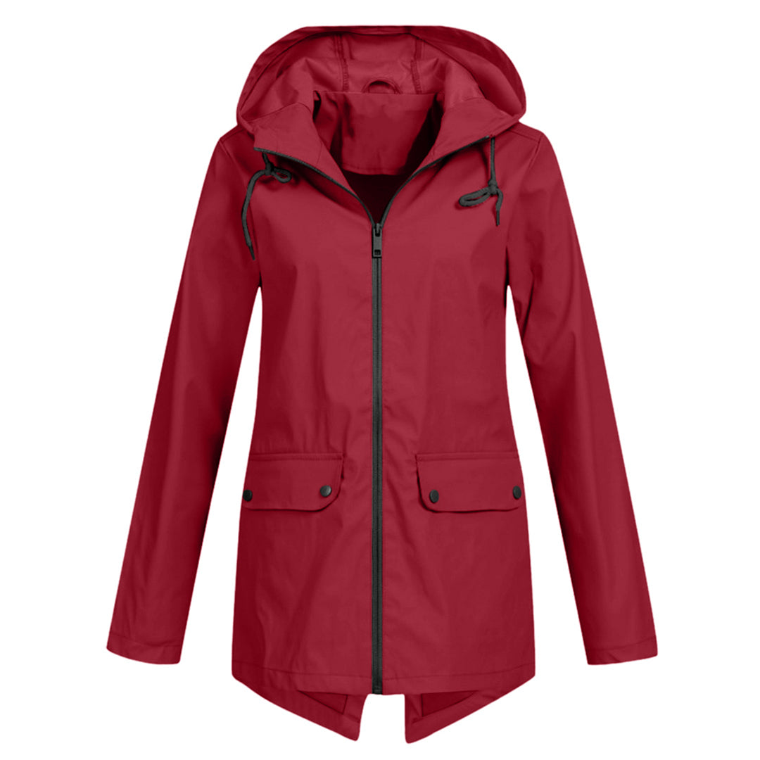 Manteau de pluie imperméable femme long à capuche, zip et poches à rabat 6