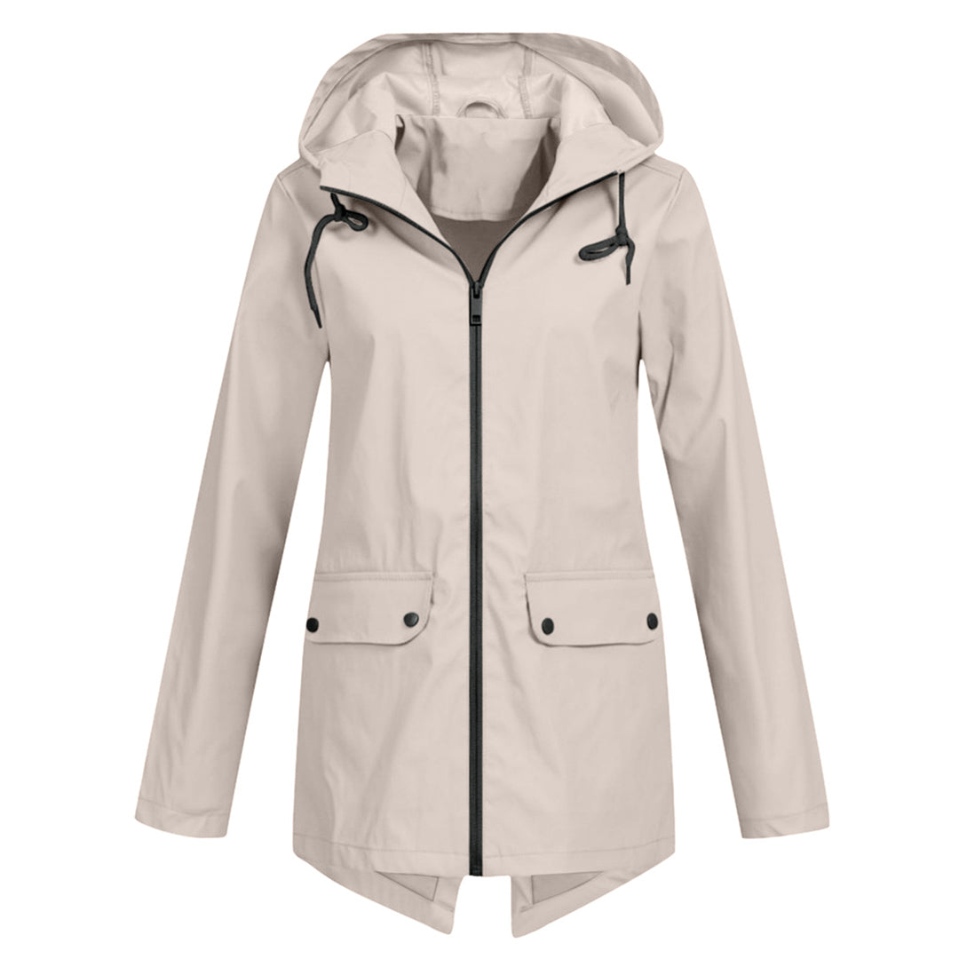 Manteau de pluie imperméable femme long à capuche, zip et poches à rabat 7