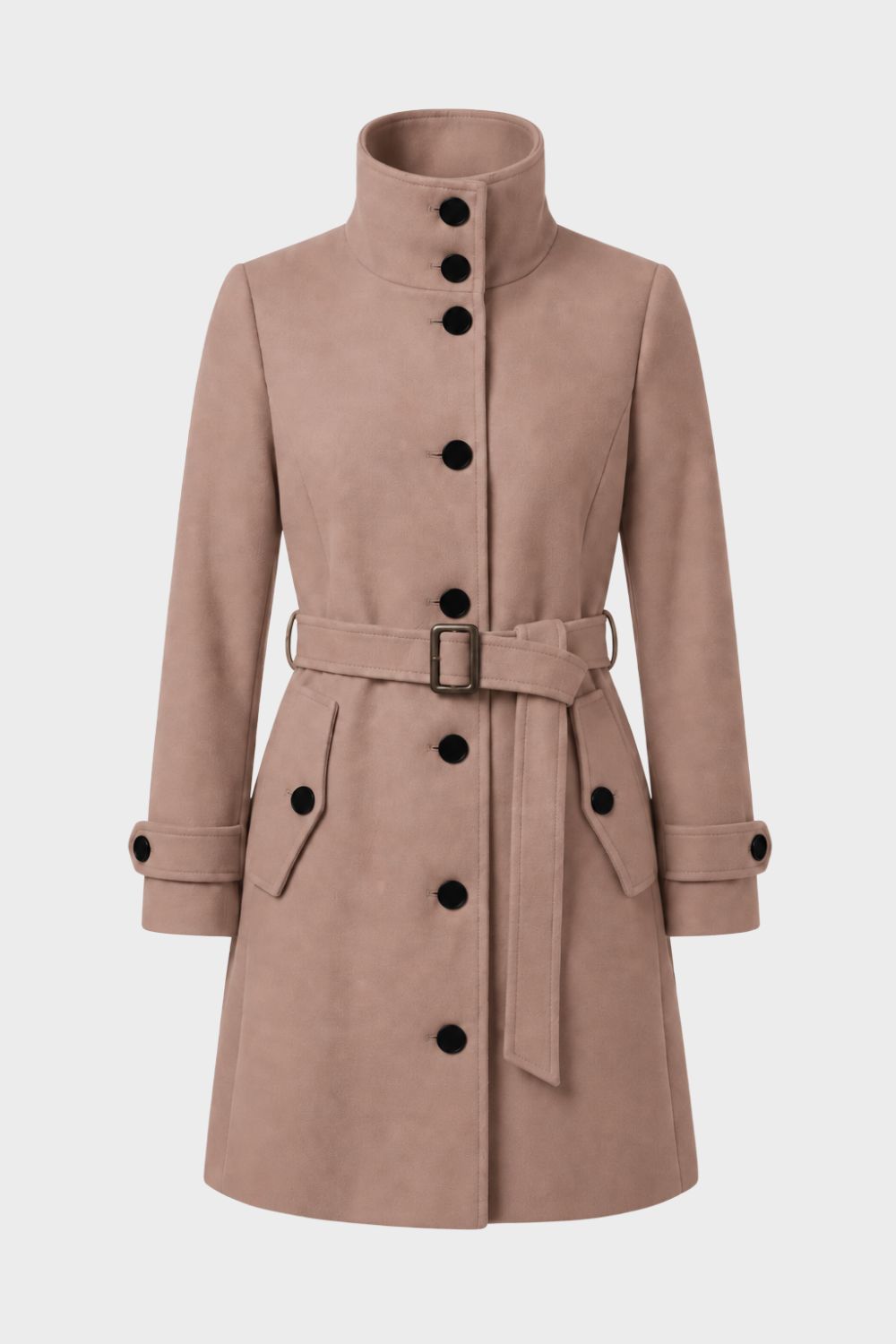 Manteau femme cintré à col montant, ceinture et poches à rabat 1