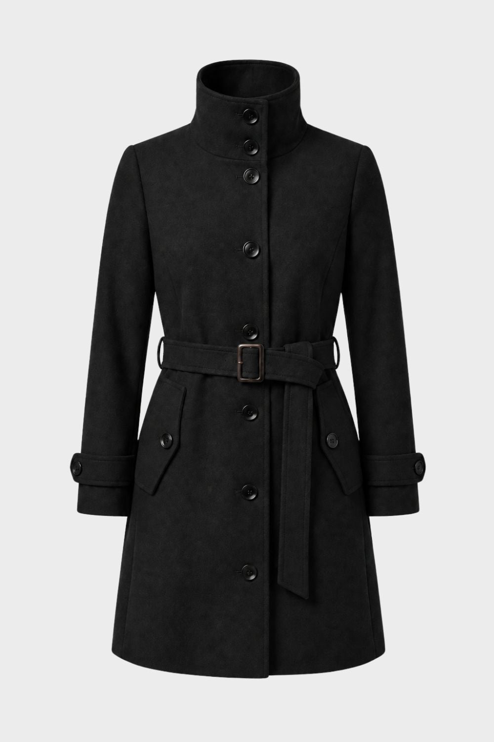 Manteau femme cintré à col montant, ceinture et poches à rabat 10