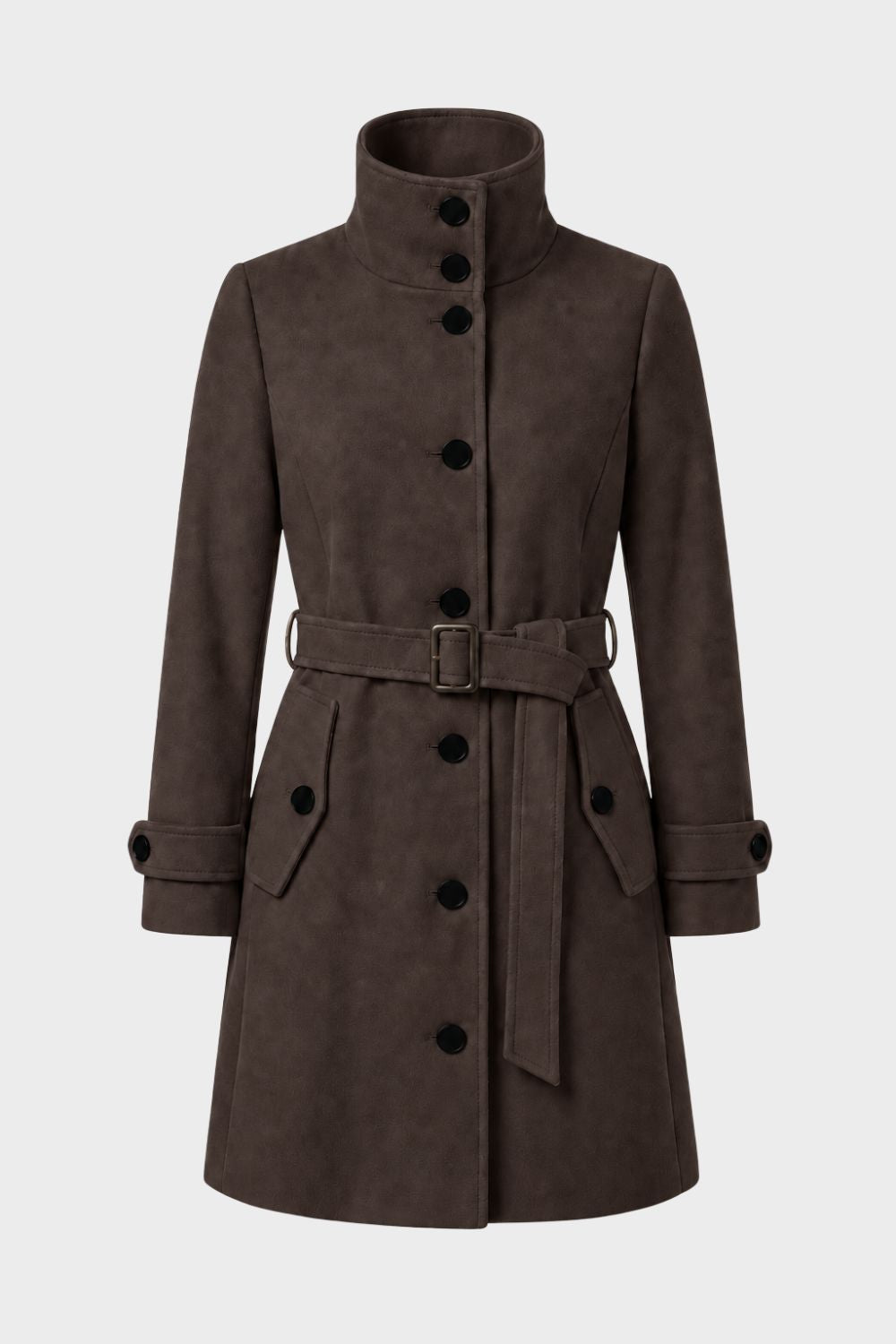 Manteau femme cintré à col montant, ceinture et poches à rabat 6