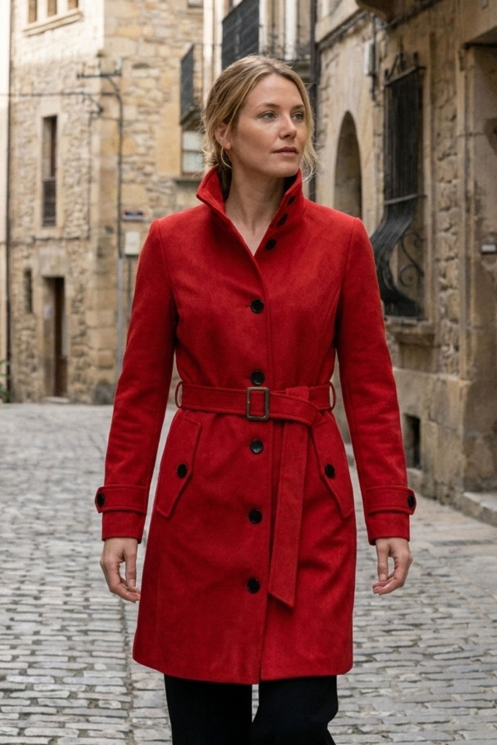 Manteau femme cintré à col montant, ceinture et poches à rabat 9