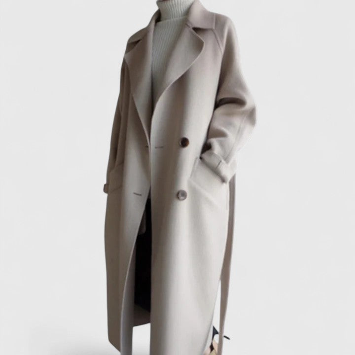 Manteau femme long en laine à ceinture et col cranté 4