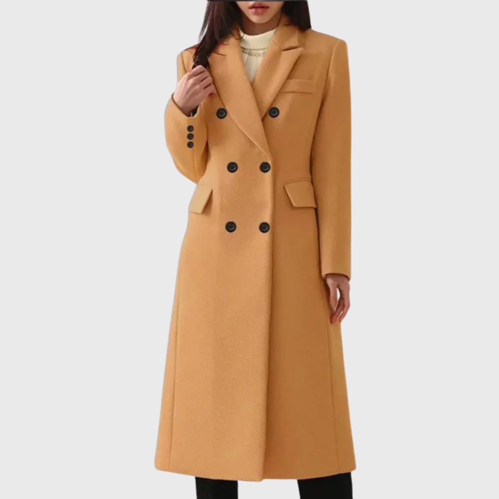 Manteau femme long en laine à col cranté et double boutonnage 1