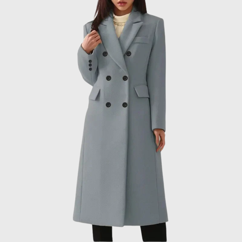 Manteau femme long en laine à col cranté et double boutonnage 2