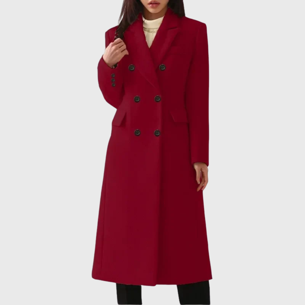 Manteau femme long en laine à col cranté et double boutonnage 5