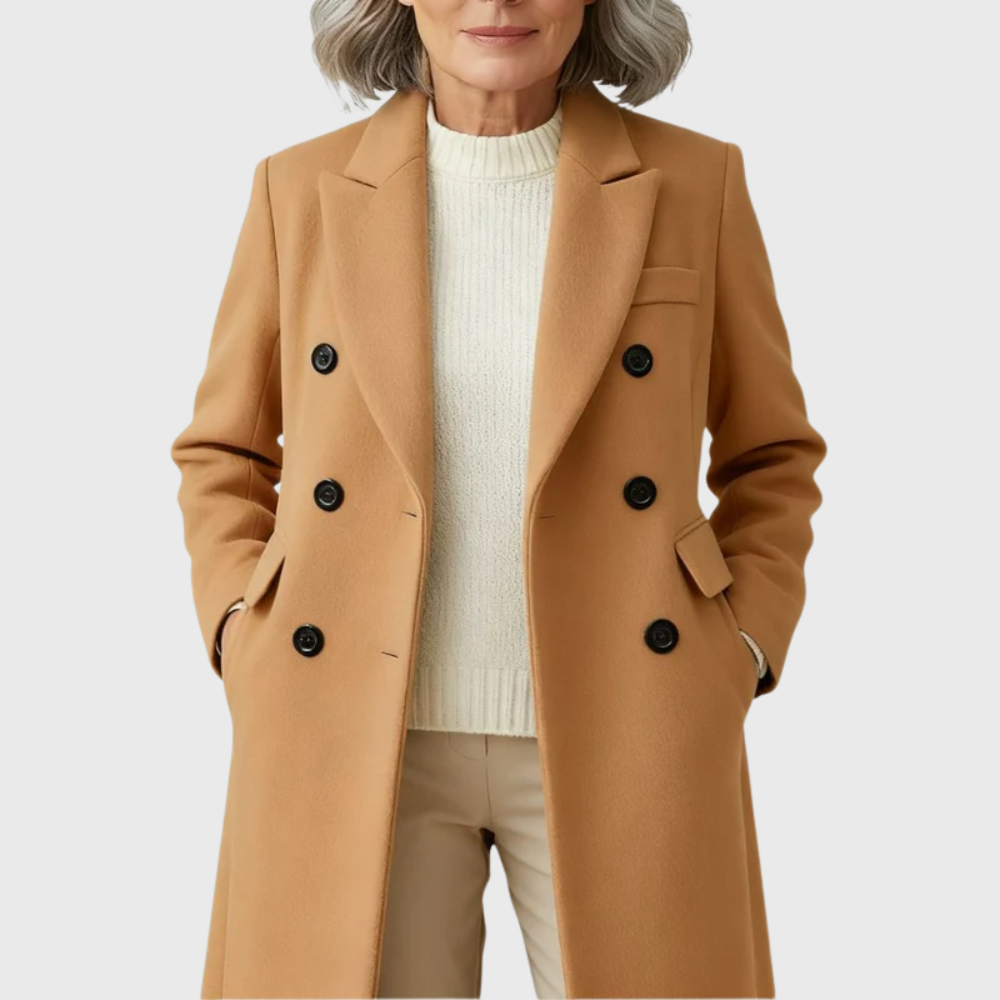 Manteau femme long en laine à col cranté et double boutonnage 8