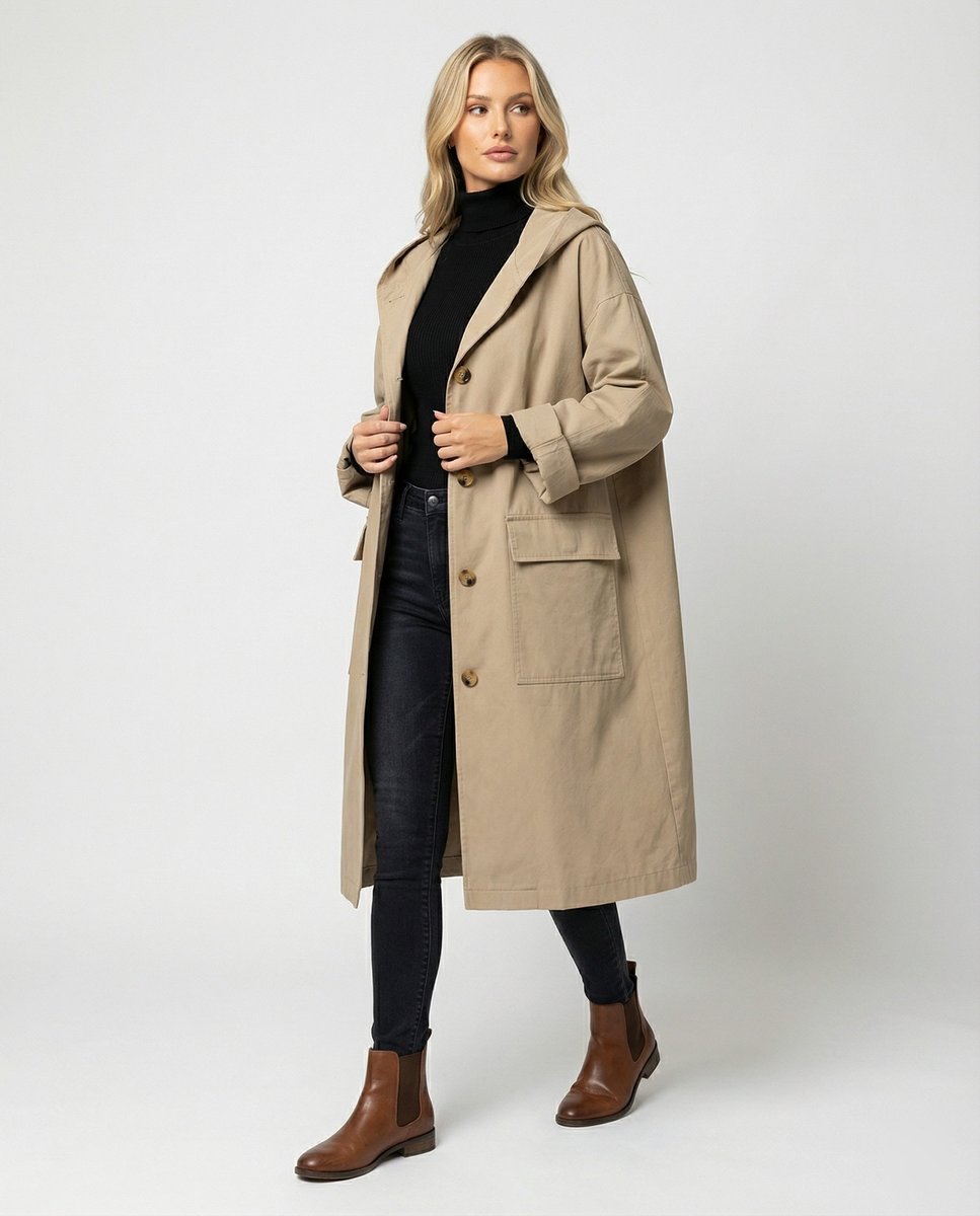 Manteau long à capuche femme déperlant boutonné à poches 1
