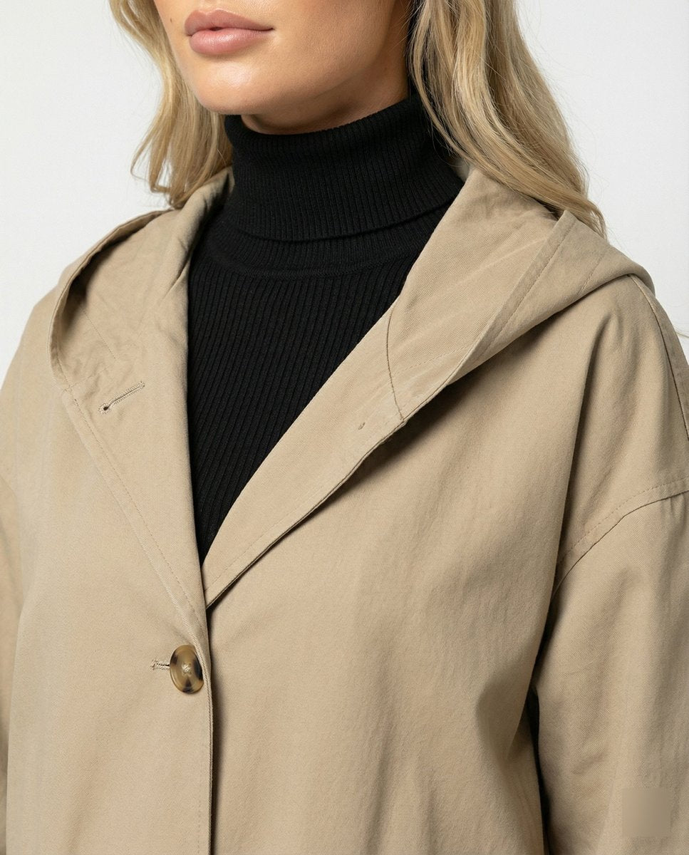 Manteau long à capuche femme déperlant boutonné à poches 2