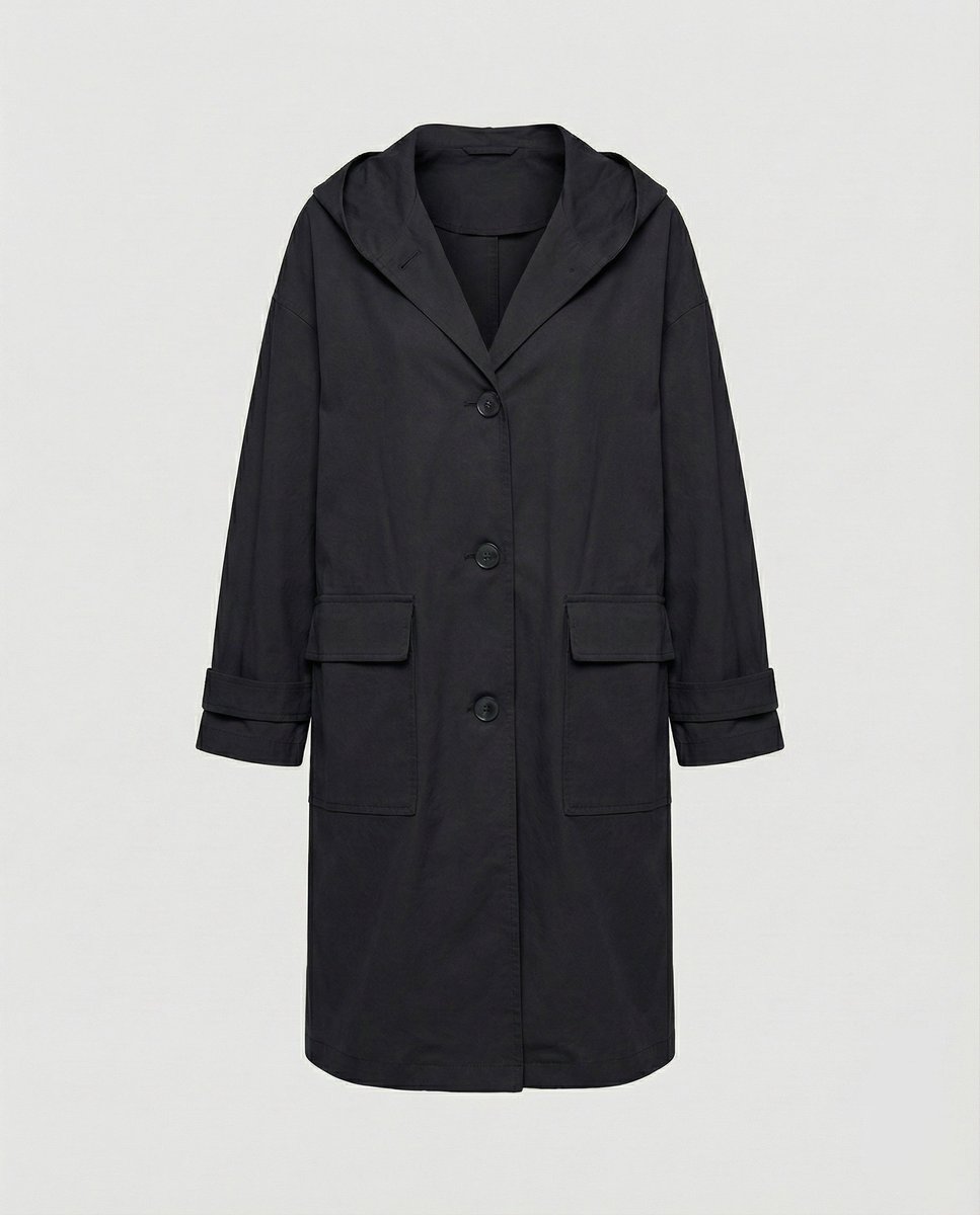 Manteau long à capuche femme déperlant boutonné à poches 4