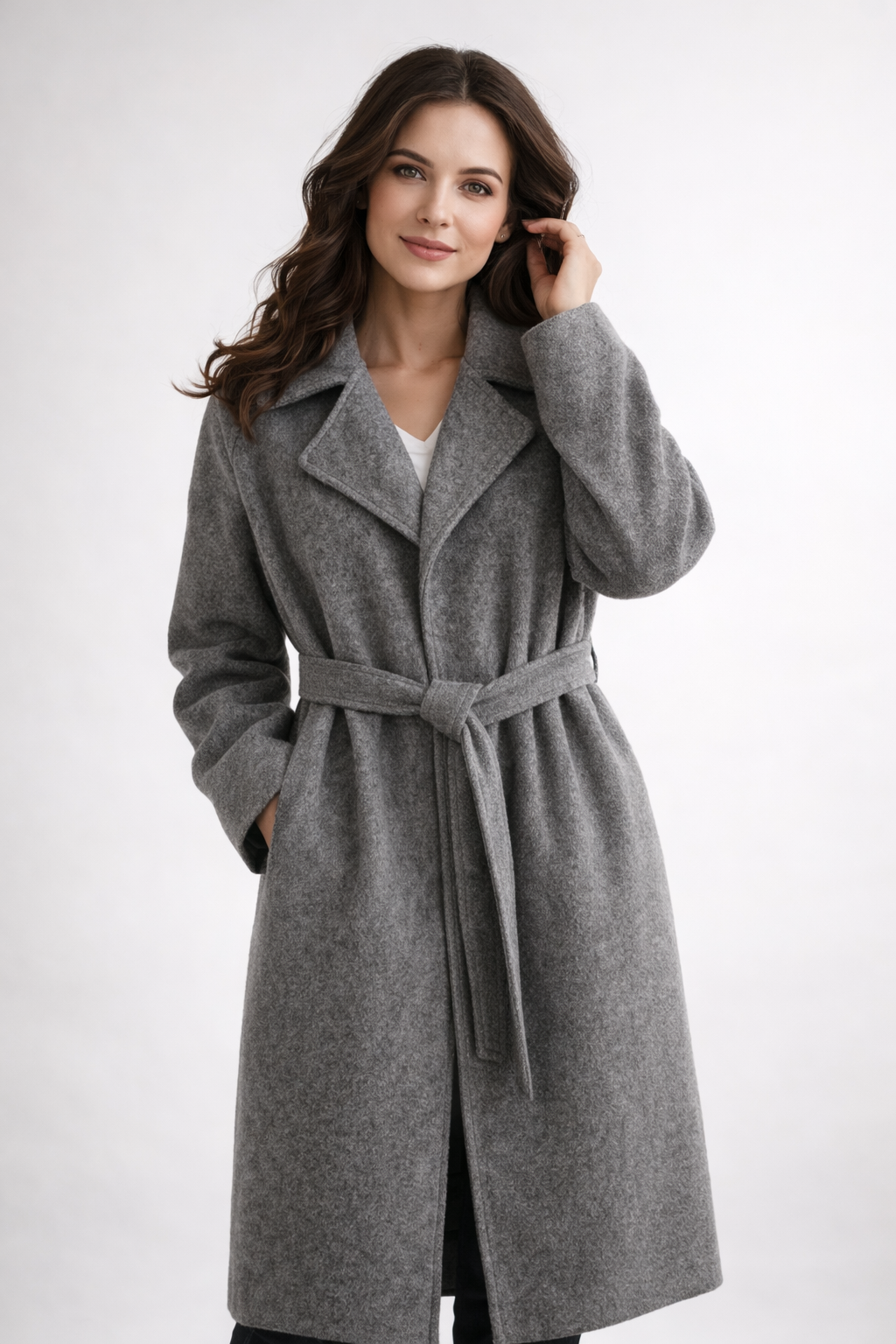 Manteau long en laine femme cache-cœur à col cranté 11