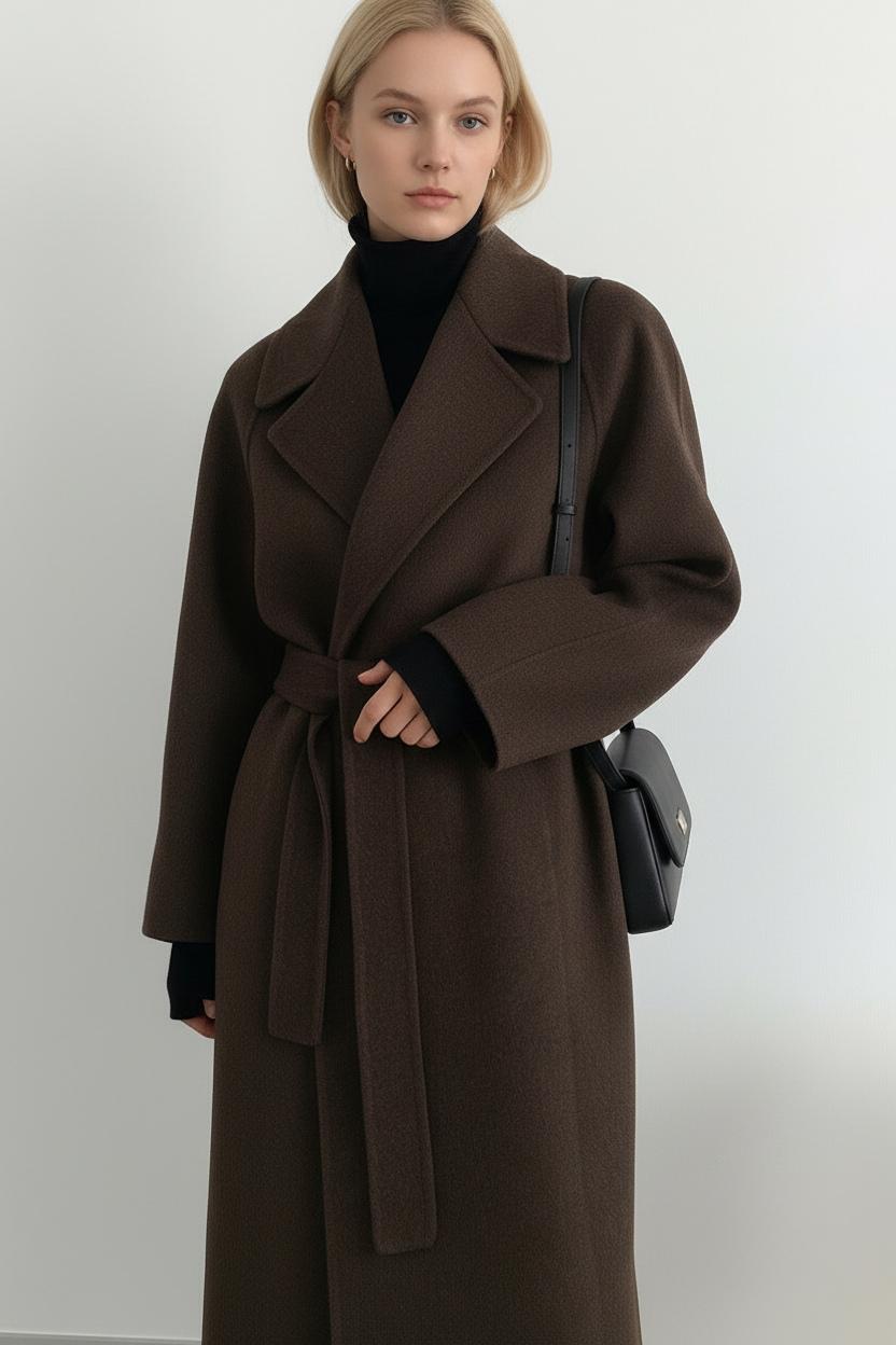 Manteau long en laine femme cache-cœur à col cranté 8