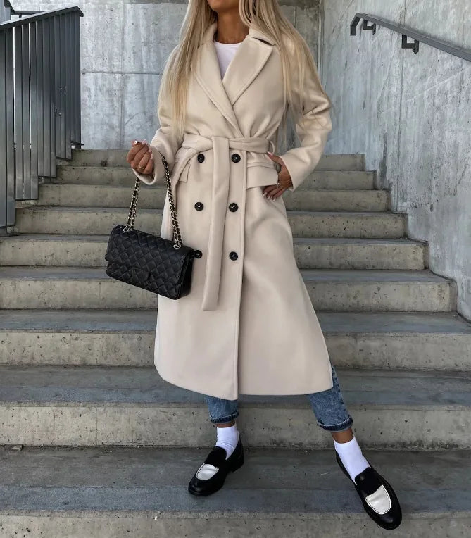 Manteau long femme ceinturé en laine mélangée à col à revers 1