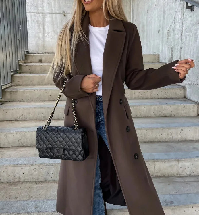 Manteau long femme ceinturé en laine mélangée à col à revers 2