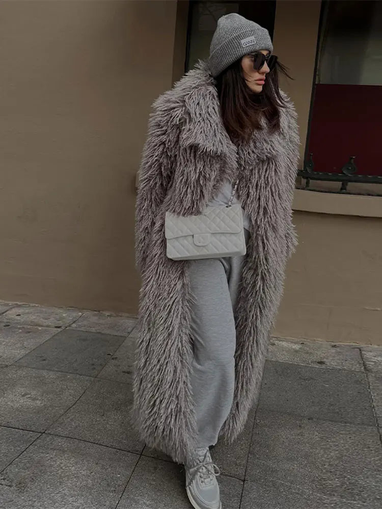 Manteau long femme en fausse fourrure et polyester à manches longues 3