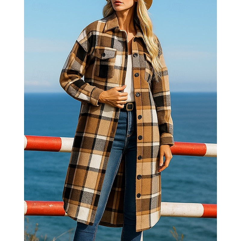 Manteau long femme en laine à carreaux et col à revers 1